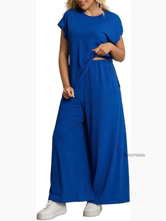 Pants - Plus Size Lounge Set Cap Sleeve Top Wide Leg Pants Matching Tracksuit Outfits
